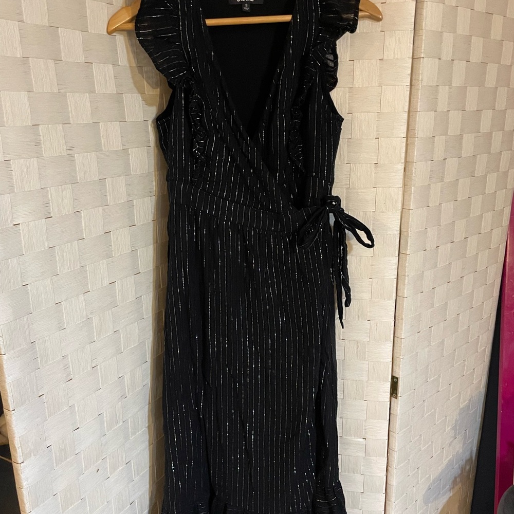 Lulu's Black Midi Wrap Dress with Silver Stripes